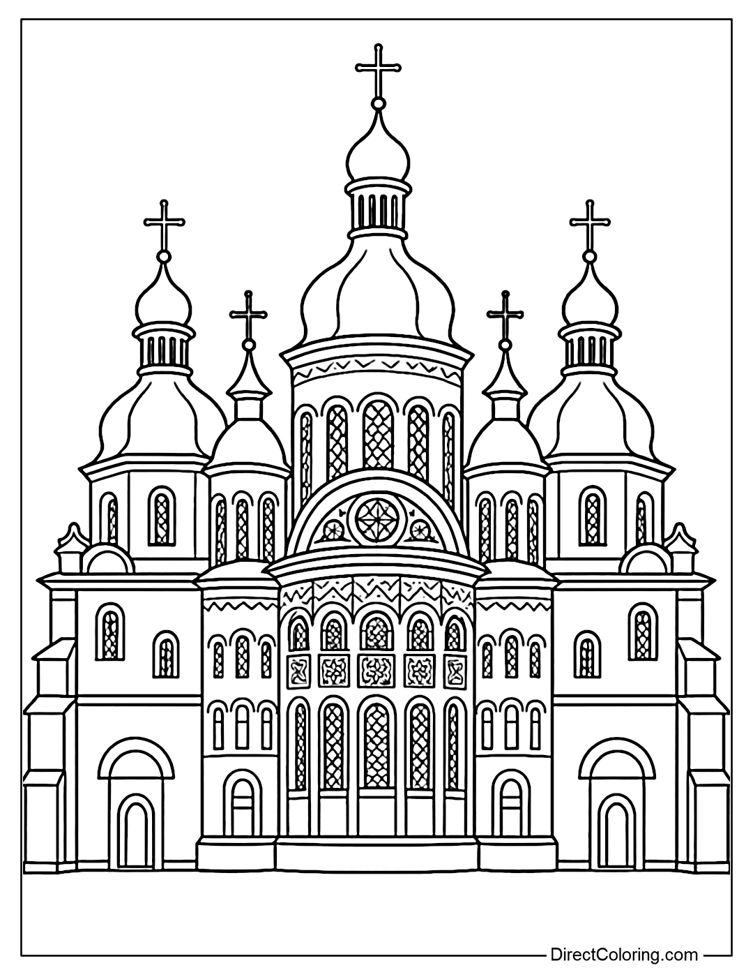 St. Sophia Cathedral coloring page with golden domes and Byzantine window details.